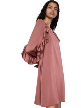 Zara Shift Dress Size Small Satin Effect Ruffle Long Sleeve Rose Pink Feminine